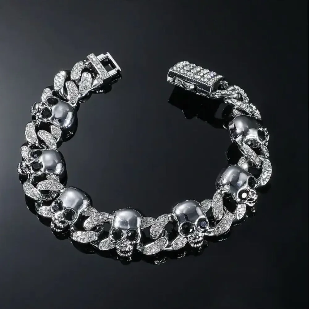 Men’s CZ Gothic Skull Cuban Link Bling Bracelet 8 in Rock Punk Band Party
